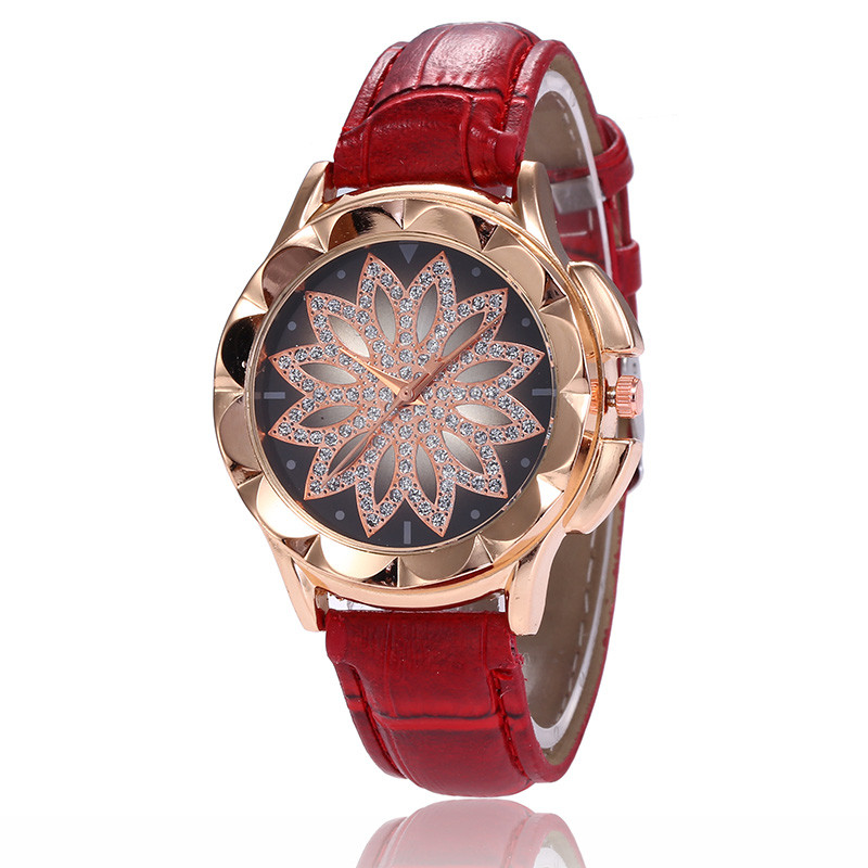 WJ-7804 Fashion Casual Creative Women's Watch Leather Strap Petal Rhinestone Watch Cross-border Trend Quartz Handwatch