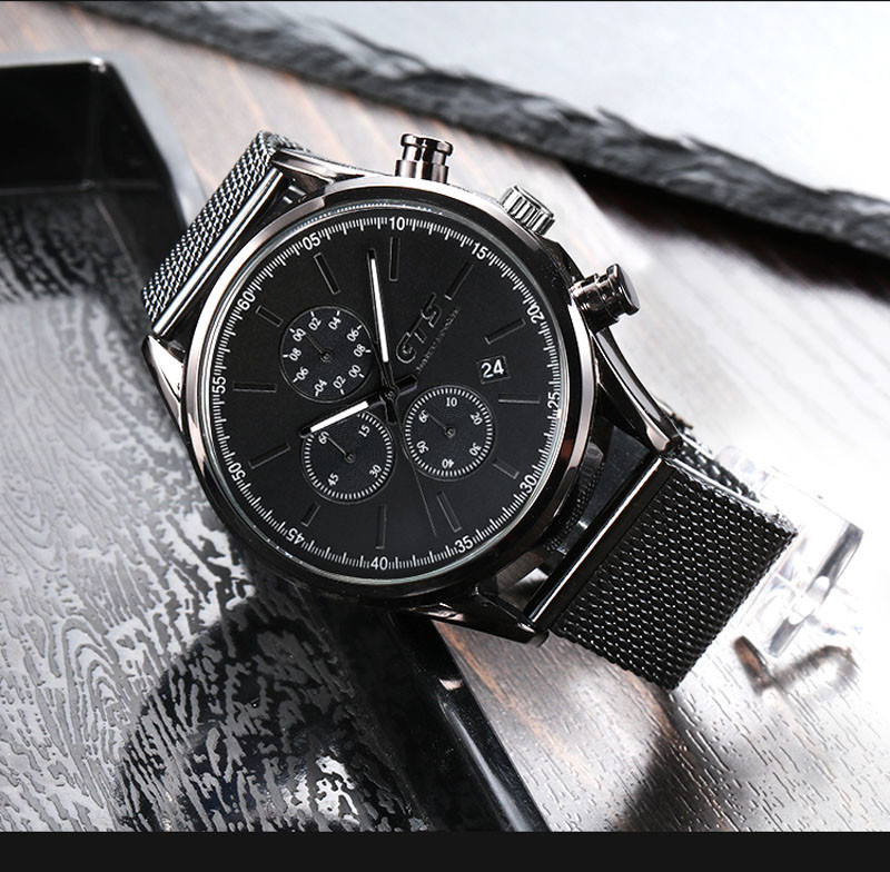 WJ-8382 Mens Mesh Three Watch Face Working Stainless Steel Watch Band Waterproof Watch